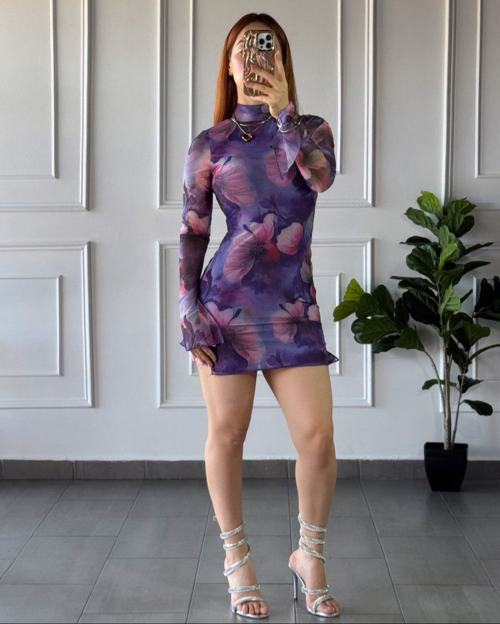 Vestido Mesh Flores Morado