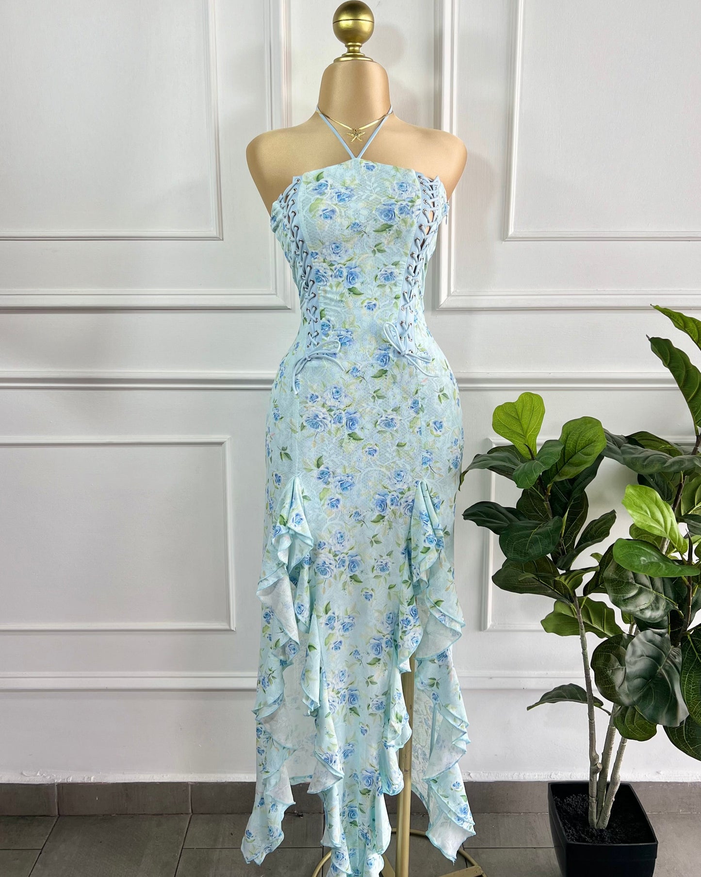 Vestido Midi Floral Azul
