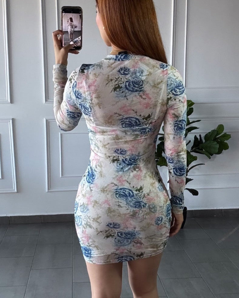 Vestido Mesh Flores Blanco