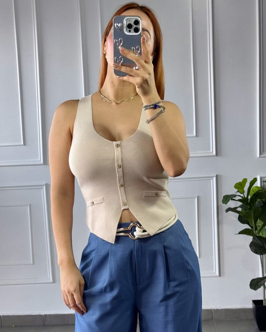 Blusa Basica Botones Beige