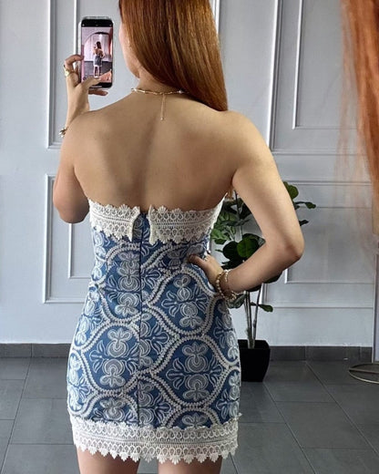 Vestido Strapless Encaje Azul