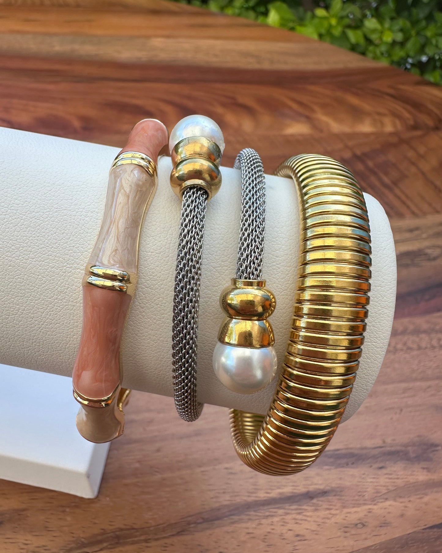 Pulsera Bloques H Rosa/Beige