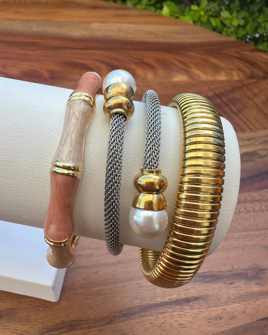 Pulsera Bloques H Rosa/Beige